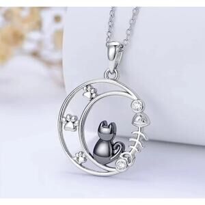 Black Cat Crescent Moon Paw Prints Fish Bones 18"